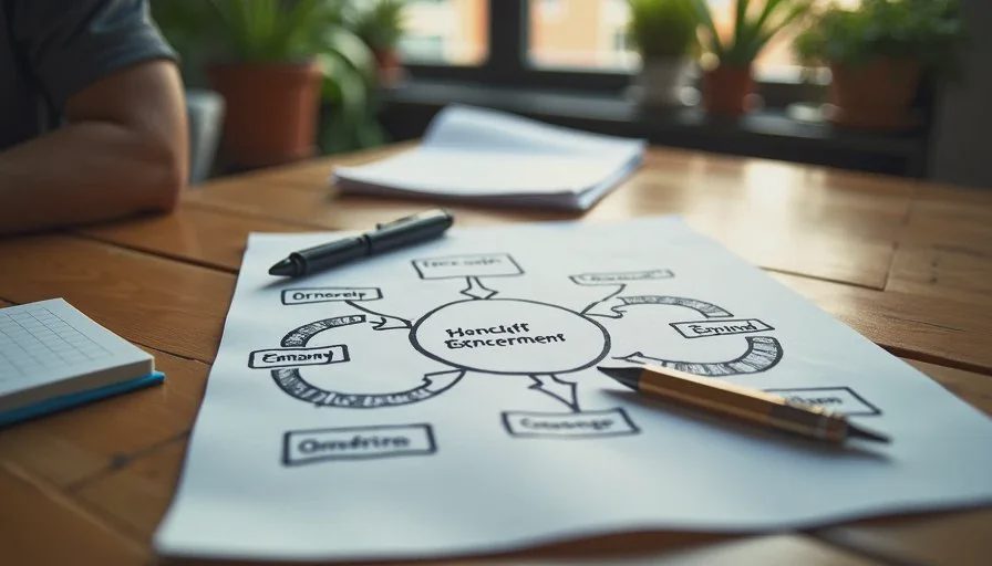 Mapping the real path of work to find friction Simple hand-drawn process map showing ownership and handoff points on a wooden table.