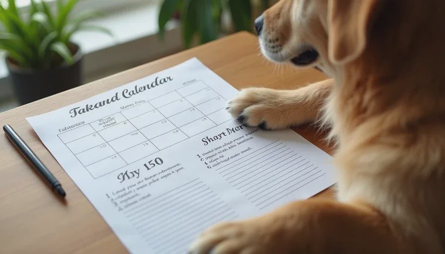 Simple family calendar system that survives ordinary days Family calendar and simple shared notes on a wooden table with a golden retriever nearby in a real Denver home.
