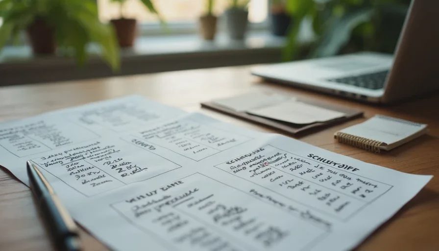 Manual trade-off decisions for household and work priorities Handwritten notes weighing schedule trade-offs and priorities on a wooden table.