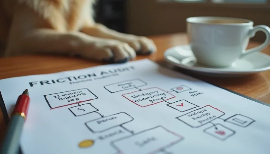 Handwritten friction audit notes and a simple process map on a wooden desk next to a coffee mug. Handwritten friction audit notes and a simple process map on a wooden desk next to a coffee mug.