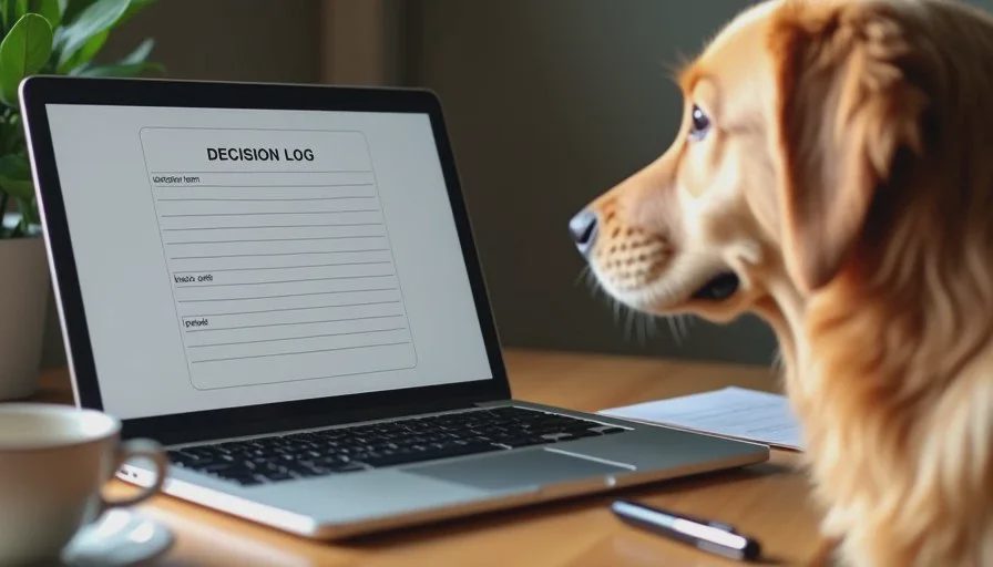 Laptop screen showing a clean AI-generated decision log from a real meeting notes workflow, coffee mug nearby.