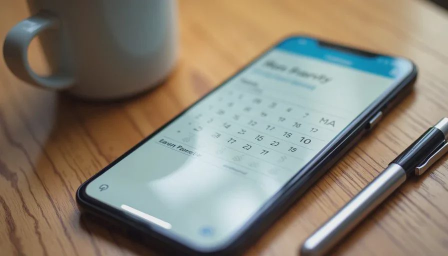 Shared family calendar used as the single source of truth Smartphone showing a simple shared family calendar with school and practice events, resting on a wooden table.