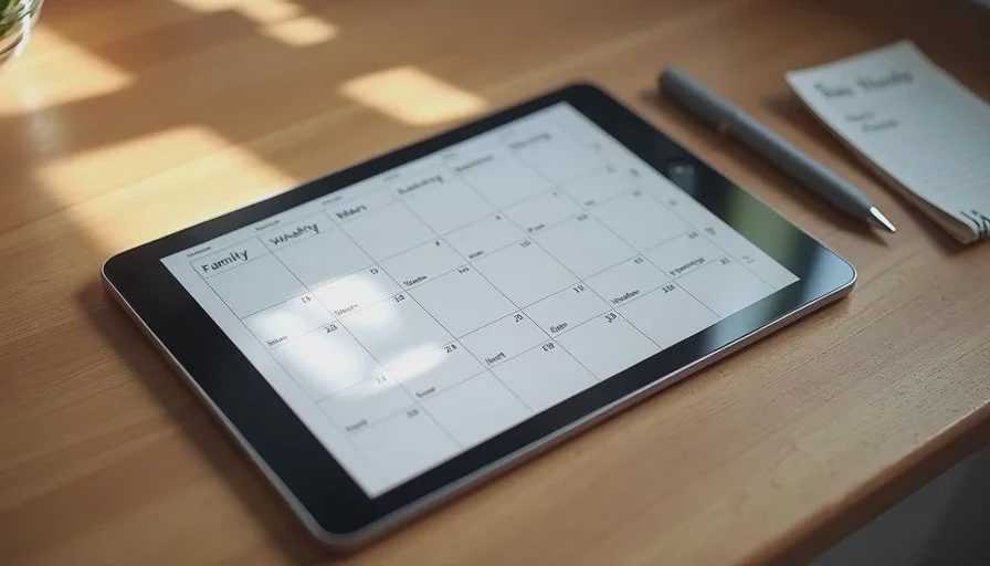 Digital family calendar as the source of truth next to temporary paper notes Kitchen tablet showing the family calendar next to a paper school note on a wooden counter.