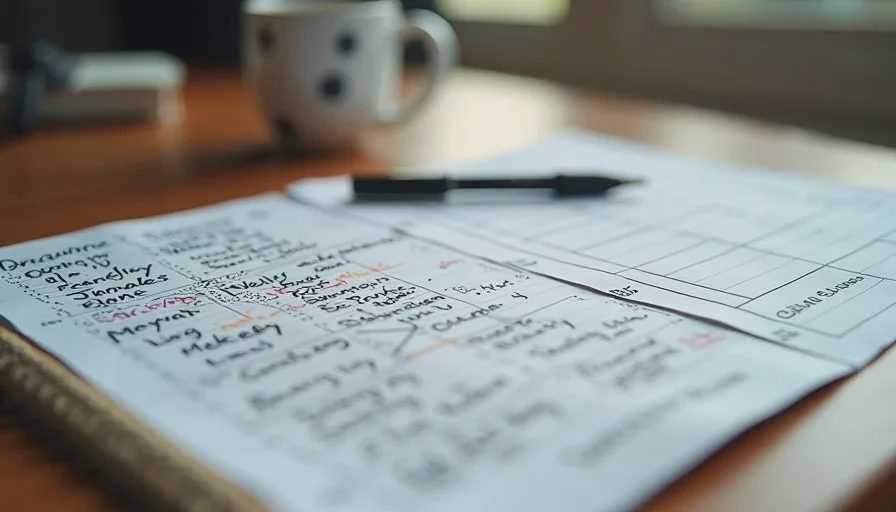 From raw brain dump to structured weekly plan Messy handwritten brain dump next to a cleaner AI-structured weekly plan on a wooden desk.