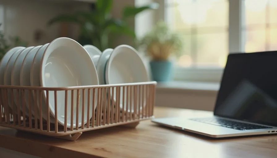 Digital tools and the physical work they cannot touch Clean dishes in a rack next to a closed laptop on a kitchen counter, illustrating the gap between digital tools and physical work.