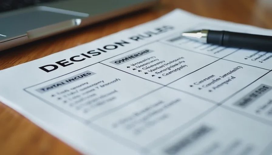 A clean one-page process document showing decisions, ownership, and handoffs on a wooden desk.