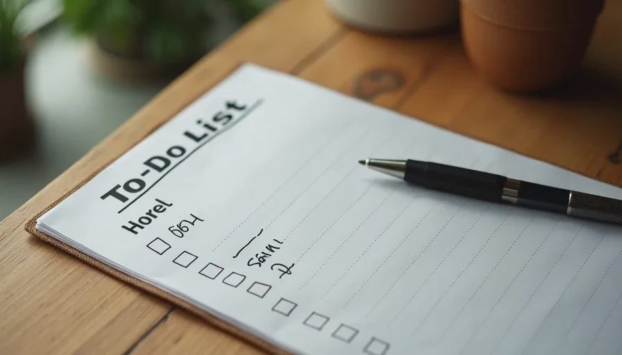 Short current-week family list that stays usable A deliberately short shared family to-do list for the current week on a wooden table.
