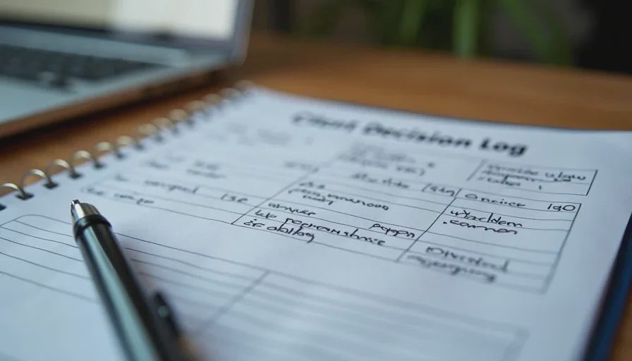 Clean AI-drafted client decision log with human ownership review notes on a wooden desk. Clean AI-drafted client decision log with human ownership review notes on a wooden desk.