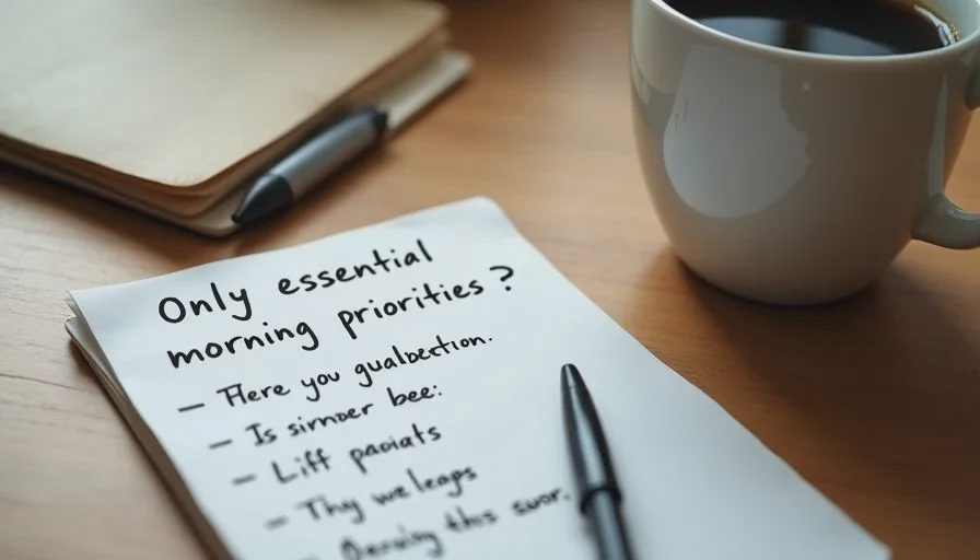 Lightweight essentials instead of an optimized morning sequence Short handwritten note listing only essential morning priorities instead of an elaborate routine.