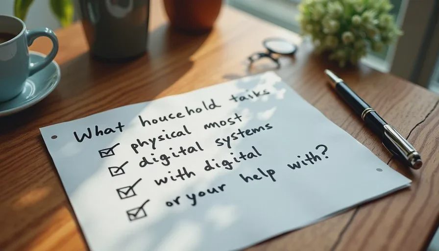 Physical work versus digital household systems Handwritten note contrasting physical household tasks with digital systems on a wooden table.