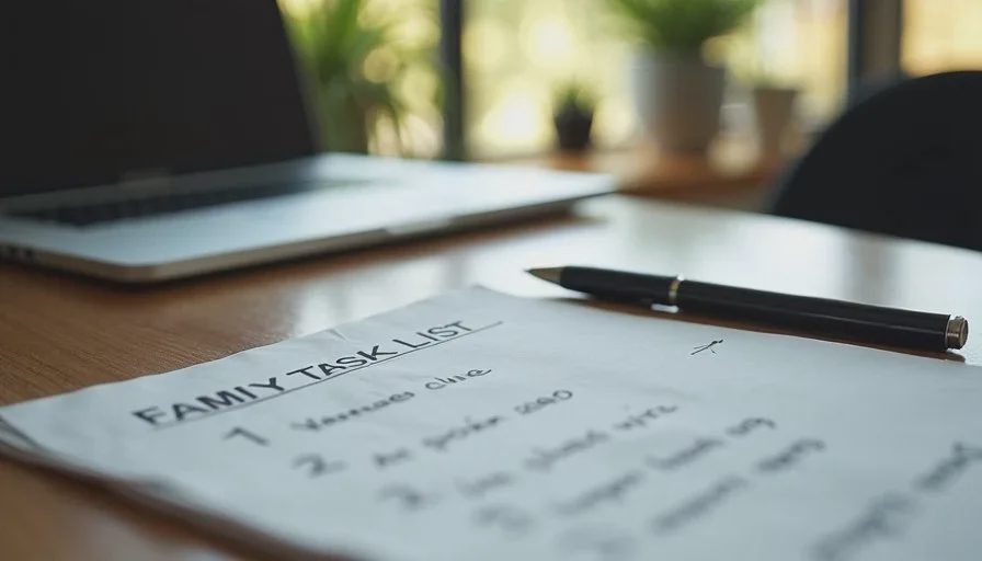 A simple handwritten family task list next to a closed laptop, representing the shift to lighter household surfaces. A simple handwritten family task list next to a closed laptop, representing the shift to lighter household surfaces.