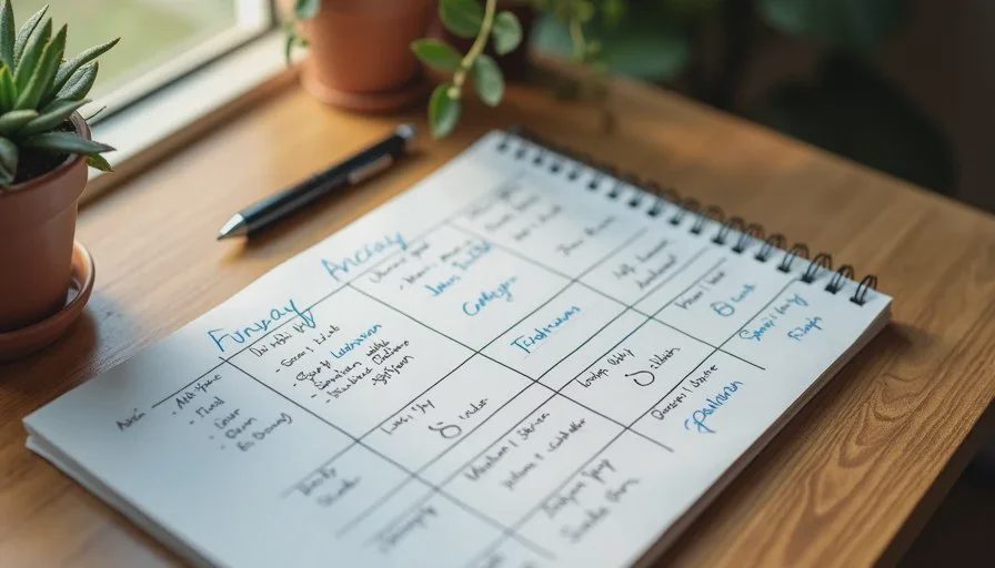 Human review and cuts that make the weekly plan usable Handwritten edits and cuts on an AI-generated weekly plan during human review.