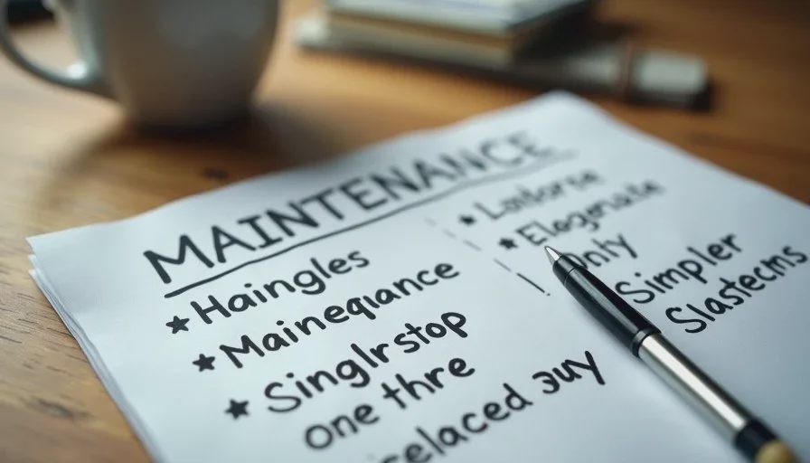 The maintenance cost of elaborate productivity systems Handwritten notes contrasting elaborate system maintenance with a simpler approach on a wooden table.